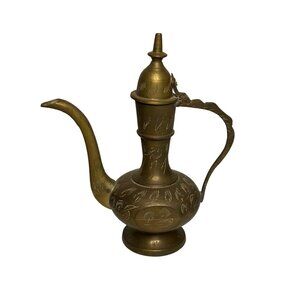 VTG 1980s Brass Teapot Pitcher Etched Leaves Ornate Collectible Retro Home Decor